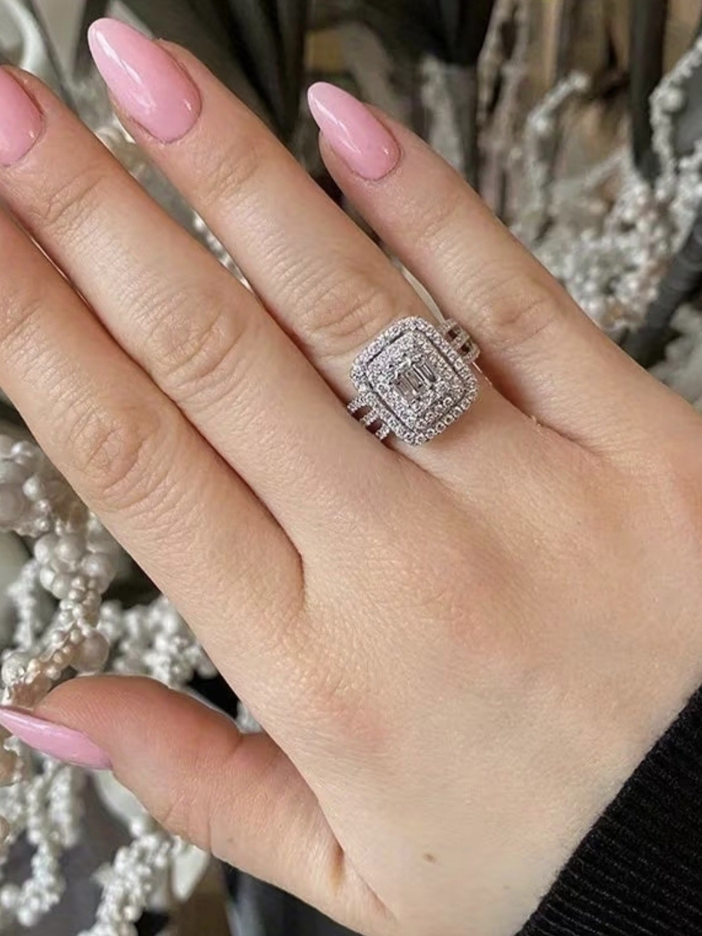 Double Halo Silver Engagement Ring CZ Stainless Steel